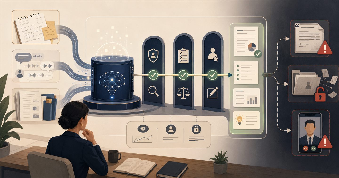 Illustration of a professional reviewing AI-assisted work: inputs like notes and documents flow into a central AI system gated by verification checkpoints, then split into outputs, some flagged with warnings for fabricated citations, exposed data, or deepfake calls