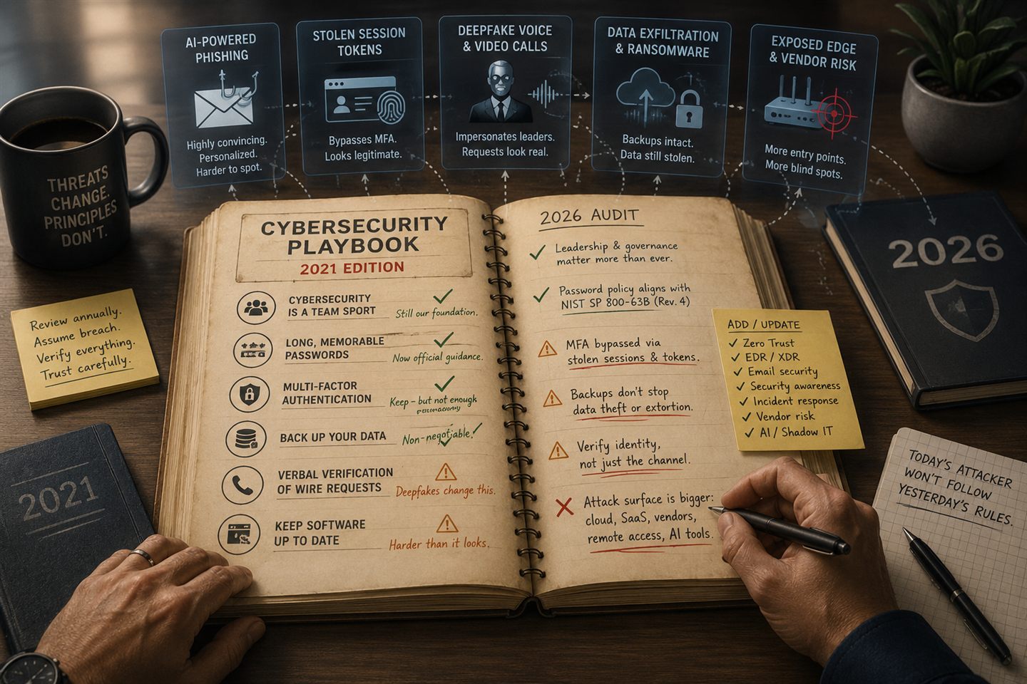 A 2021 cybersecurity playbook open on a desk being audited for 2026: some tips checked off as still solid, others flagged with warnings or crossed out, surrounded by cards for AI-powered phishing, stolen session tokens, deepfake calls, data exfiltration and ransomware, and exposed edge and vendor risk
